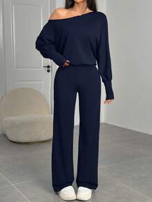SHEIN EZwear Women's Fashionable Casual Off-Shoulder Long Sleeve Navy Blue Jumpsuit, Autumn
