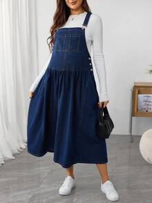 SHEIN 孕妇蓝色无袖褶皱荷叶边下摆休闲宽松牛仔连衣裙 - 藍色 - 查看 3