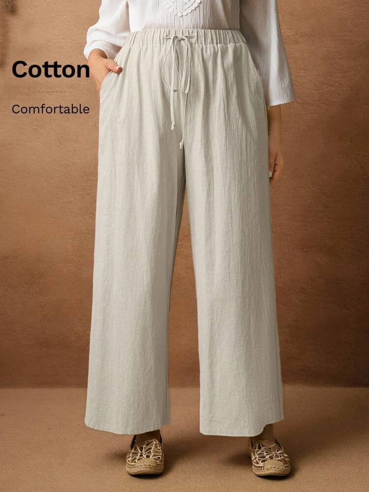 Plus Size Women's Solid Color Waist Tie Pocket Wide Leg Loose Casual Pants Women Linen Pants Fall Clothes For Women Fall Clothes Plus Size Winter Clothes