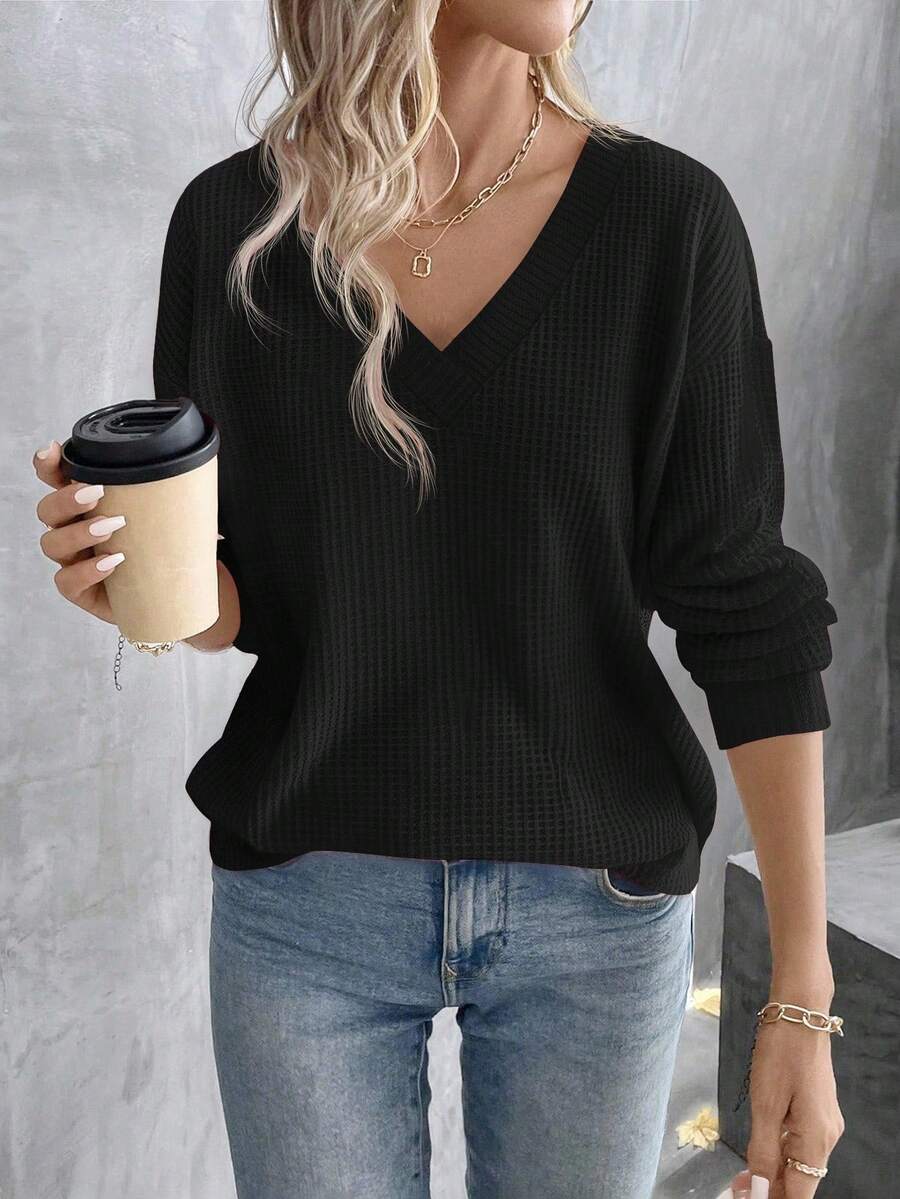 EMERY ROSE 休闲百搭纯色落肩宽松T恤 - 黑色 - 查看 1