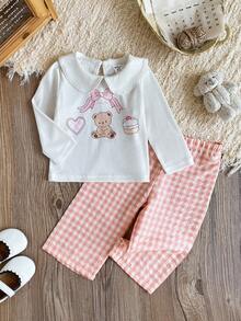 SHEIN Baby Mädchen Säugling Kleinkind Neugeborene 0-3 Jahre süßer Bär & Schleife Muster Langarm-Top + orange karierte weite Hose 2-teiliges Outfit Set, Herbst