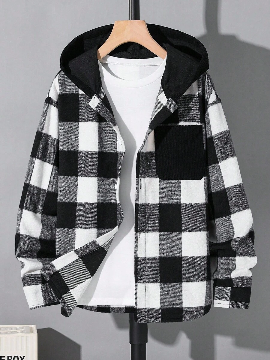 SHEIN Tween Boy Casual Plaid Colorblock Woven Button-Up Shirt Fall Winter - Black - View 1