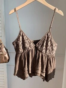 Comfortcana 女式休闲纯色荷叶边下摆无袖上衣，夏季 - 棕色 - 查看 4