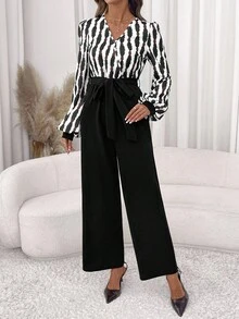 SHEIN Clasi 女式V领条纹长袖阔腿优雅连体裤 - 黑色 - 查看 4