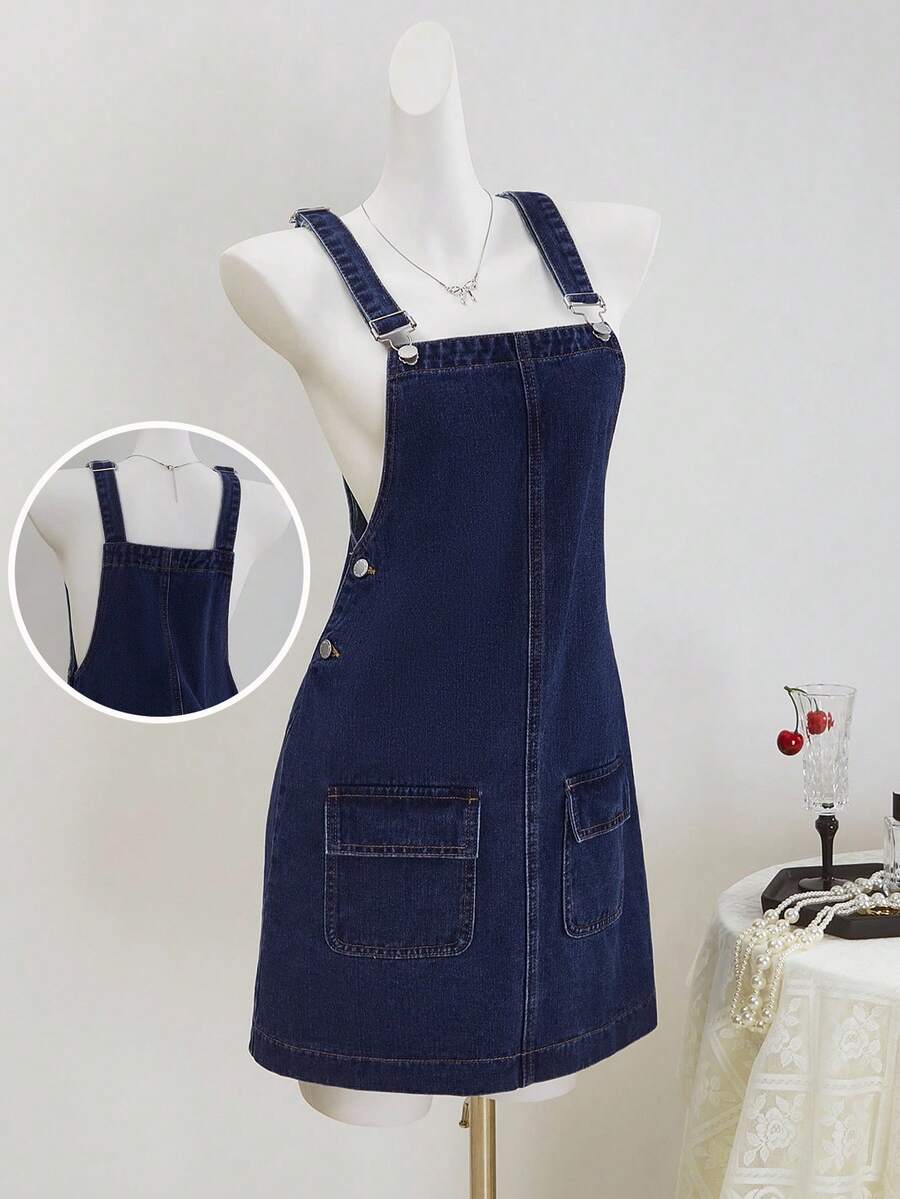 SHEIN MOD Women's Casual Versatile Washed Denim Dress - Dark Wash - View 1