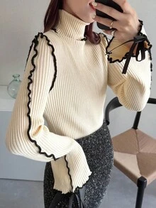 FRIFUL 女式高领罗纹撞色缝线修身袖口蝴蝶结休闲厚毛衣 - 米色 - 查看 2