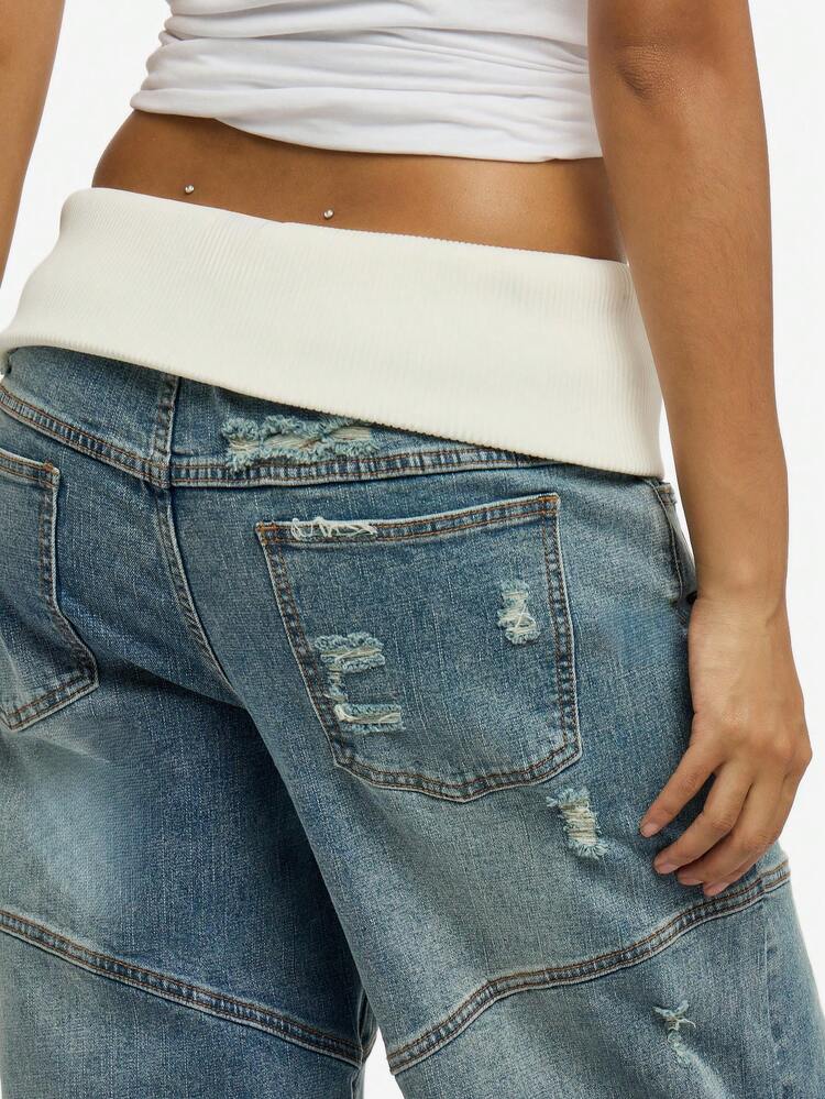 SUMWON WOMEN Baggy Wide Leg Jeans With Knit Waistband