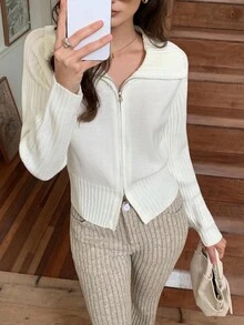 Elyressa Damen einfarbige Lange Ärmel Lässig Reißverschluss Strickjacke, Herbst