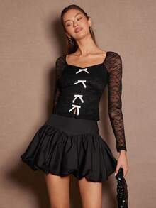 Enchnt Fall/Winter Romantic Women's Elegant Black Lace Mesh Patchwork Heart Neck Bow Decor Elegant Long Sleeve Blouse,Sweet&Elegant&Fashionable For Date&Holiday&Birthday&Party&Wedding Guest&Office&Going Out&Afternoon Tea,Fall Blouse For Women,Autumn Clothes