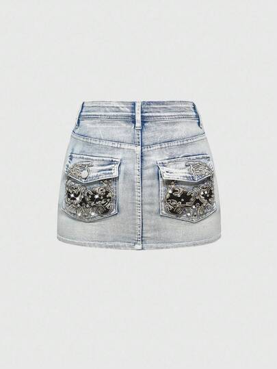Grunge Punk Y2K Baddie Pocket Skull Embroidery Beaded Contrast Stitching Stretchy Women Mini Denim Skirt (With Leggings)