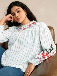 EMERY ROSE Plus Size Women Floral Patchwork Round Neck Striped Print Decor Casual Loose Long Sleeve Shirt, Autumn - Blue and White - View 4