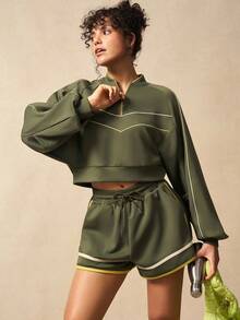 VARSIVA 2pcs/Set Contrast Trim Sweatshirt And Shorts Sports Outfit - Multicolor - View 6