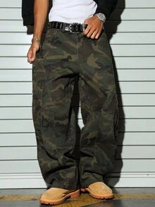 Manfinity EMRG 男士休闲宽松多口袋做旧迷彩阔腿牛仔裤 - 軍綠色 - 查看 7