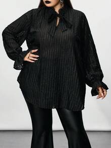 SHEIN CURVE+ 大码女式黑色长袖条纹衬衫万圣节/万圣节服装女士/万圣节服装/万圣节衬衫/冬季/秋季 - 黑色 - 查看 4