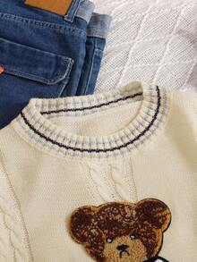 SHEIN 少女圆领宽松针织毛衣上衣，可爱小熊图案，纹理罗纹针织，秋冬休闲校园风格 - 杏色 - 查看 3