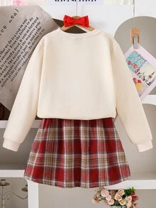 Tween Girl Ribbed Collar, Cuffs & Hem Crew Neck Letter Print Sweatshirt & Plaid Pleated Mini Skirt Set Fall Winter - Apricot - View 2