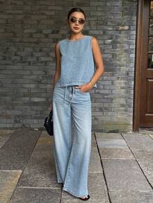 DAZY Solid Tank Denim Top & Drawstring Waist Wide Leg Jeans - Light Wash - View 4