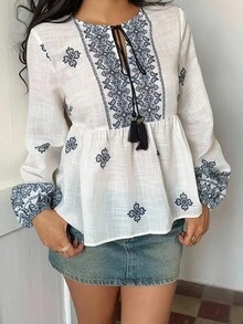 SHEIN Unity Women's Retro Print Tie-Up Tassel Lantern Sleeve Casual Vacation Blouse, Autumn/Winter