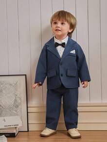 Souflis Souflis French Retro Baby Boy 2-Piece Set, White Polka Dot Long Sleeve Shirt With Bow Tie, Paired With Hazy Blue Suit, Stylish And Versatile For Birthday, Party, And Various Occasions Fall Winter
