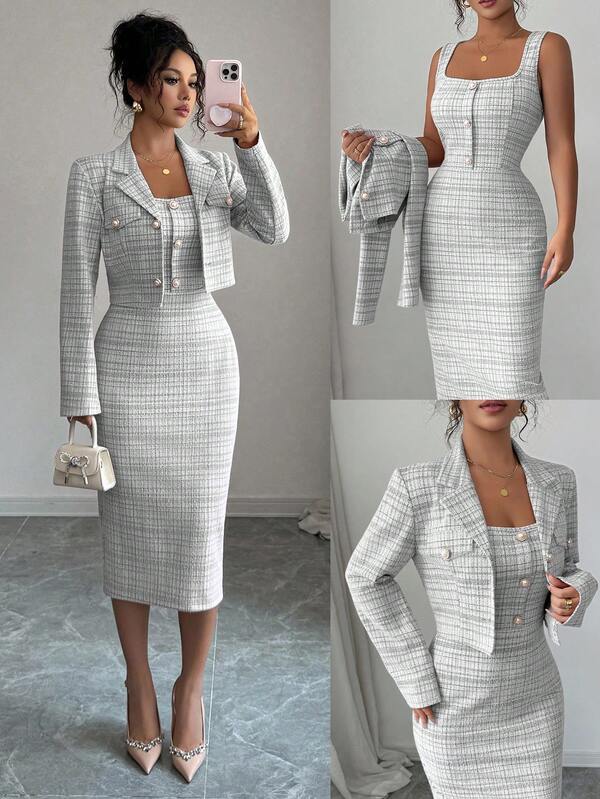 Elenzga 2-Piece Tweed Suit: Elegant Notched Collar Cropped Blazer + Sleeveless Fitted Bodycon Dress, Chic Outfit For Spring/Autumn