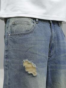 Manfinity EMRG Plain Medium Wash Wide Leg Denim Jeans For Men Long Ripped Design Casual Wear Drip Jeans - Medium Wash - View 7