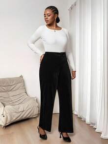 SHEIN Tall CURVE 加大码裤子 优雅天鹅绒裤 黑色天鹅绒裤 天鹅绒裤 女式阔腿裤 - 黑色 - 查看 4