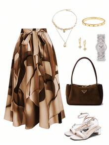 Franclia Plus Size Front Tie All-Over Allover Print Skirt, Casual Everyday Wear