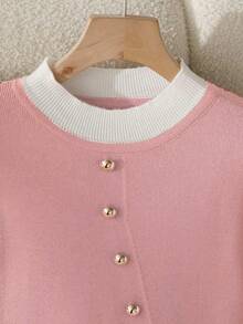 Qadelle Contrast Trim Front Button Closure Elegant Commuter Long Sleeve Sweater - Pink - View 3