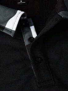 Manfinity Mode 男士休闲通勤格子印花长袖 Polo 衫，秋季黑白格纹长袖 Polo 衫，适合秋季，Old Money - 黑色 - 查看 3