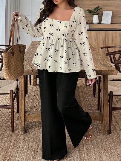 Weeklong Conjunto de dos piezas de blusa y pantalones de talla grande para mujer con estampado de mariposa y contraste de color, estampado aleatorio, otoño/invierno