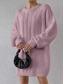EURMUSE Raglan Sleeve Cable Knit Sweater Dress Without Belt - Lilac Purple - View 5