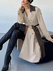Firerie Women's Elegant Khaki Long Trench Coat,Colorblock PU Collar Fashionable Autumn Winter Clothes For Office,Casual Intellectual Outing Wear Trench Coat - Khaki - View 8