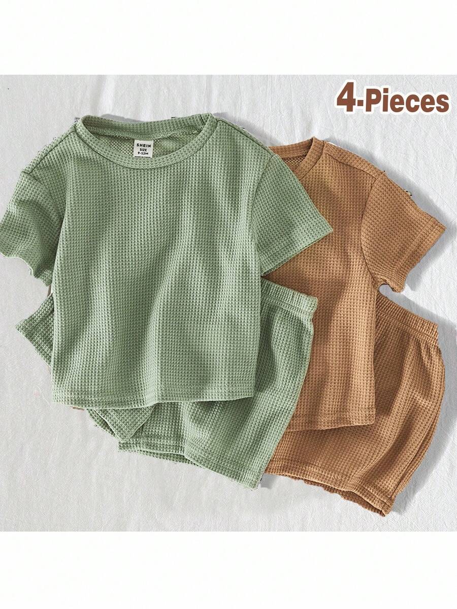 Loomiva Baby Boy 4pcs/Set Solid Color Short Sleeve Pullover Top And Casual Shorts - Multicolor - View 1