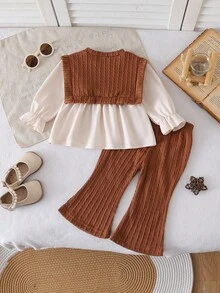 SHEIN Playful Pals 2件套春秋新款韩版时尚宝宝/女童针织提花拼布衬衫上衣+修身喇叭裤套装 - 咖啡棕 - 查看 2
