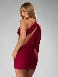 MISSGUIDED One Shoulder Cut Out Mini Dress Bodycon Long Sleeve Party Club Night Out Elegant Stretchy Form Fitting Evening Holiday Celebration Glamorous - Red Violet - View 2