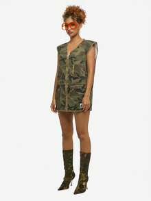 SUMWON WOMEN Cotton Women Camouflage Utility Vest Military Style Mini Dress Length Sleeveless Zip Front Fashion Outerwear Jacket Fall Winter Streetwear Modern Design With Matching Boots - Army Green - View 4