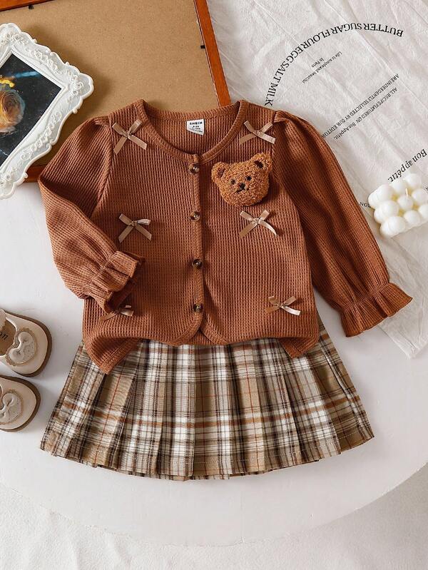 Souflis Souflis 2 Stücke Säuglings-/Kleinkind Mädchen elegante, süße, niedliche Frühling/Herbst neue Cartoon 3D Bär, Schleife Dekor Strickjacke + karierter plissierter Rock, geeignet für Schulanfang, Preppy Alltags-Outfit