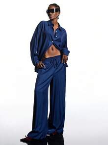 LYSMO Conjunto Casual de 2 Peças com Camisa de Manga Longa com Ombros Caídos e Calça Perna Larga Solta em Cor Sólida, Outono - Azul - Visão 5