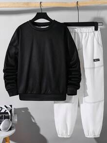 SHEIN 2 件儿童/青少年男童休闲日常百搭舒适字母印花图案圆领宽松套头衫和纯色梭织裤套装 - 彩色 - 查看 8