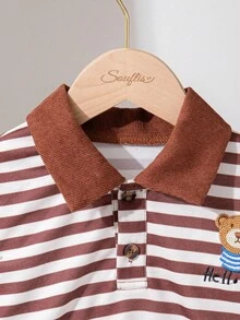 Souflis Souflis 男童休闲条纹熊印花卫衣和裤子套装，秋季 - 咖啡棕 - 查看 8