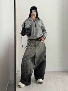 SHEIN Unity 长袖拉链口袋上衣 - 休闲纯色服装 - 淺灰色 - 查看 3