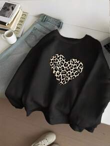 SHEIN Tween Girl 休闲豹纹印花心形图案圆领运动衫，秋冬季 - 黑色 - 查看 3