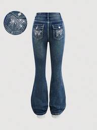 Girlism Tonårsflickors mode Casual Y2k Vintage Cool Street återvänder till skolan College Glittrande het diamantfjärilsbroderimönsterdesign Blå denim Stretchiga tajta utsvängda jeans för tonårsflickor Kläder för tonårsflickor Mjuka vardagskläder och tonårsflickor Vinter- och höstkläder Ravekläder Festival- och outfits Streetwear Skolkläder