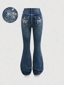 Girlism Teen Girls Fashion Casual Y2k Vintage Cool Street Returns To School College Sparkling Hot Diamond Butterfly Embroidery Pattern Design Blue Denim Stretch Tight Flared Jeans For Teen Girl Clothes Teen Girls Soft Dailywear And Teen Girl Winter And Fall Rave Outfits Festival And Outfits Streetwear School Clothes - Blue - View 1
