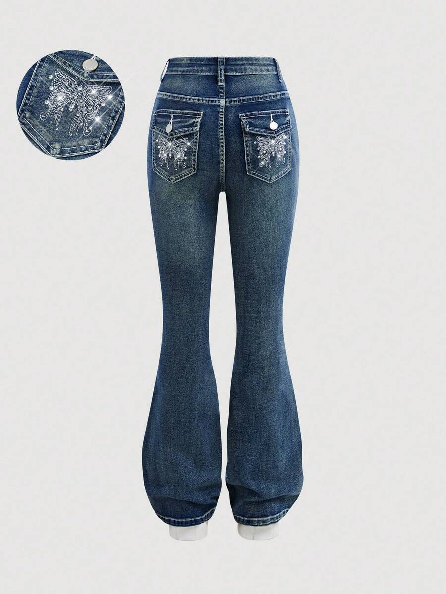 Girlism Teen Girls Fashion Casual Y2k Vintage Cool Street Returns To School College Sparkling Hot Diamond Butterfly Embroidery Pattern Design Blue Denim Stretch Tight Flared Jeans For Teen Girl Clothes Teen Girls Soft Dailywear And Teen Girl Winter And Fall Rave Outfits Festival And Outfits Streetwear School Clothes - Blue - View 1