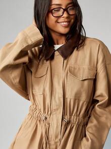 MISSGUIDED Giacca utility in cotone da donna con vita regolabile in vita, casual, moda autunno inverno, con chiusura lampo anteriore, colletto marrone, stile cargo