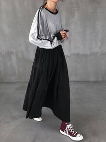FRIFUL Women Mid-Length Colorblock Patchwork Loose Round Neck Dress - Grey - View 5
