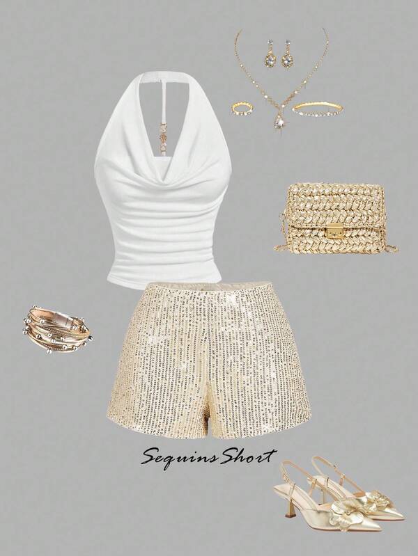 SHEIN MOD Pantalones cortos sueltos y con lentejuelas color champán de cintura baja para mujer