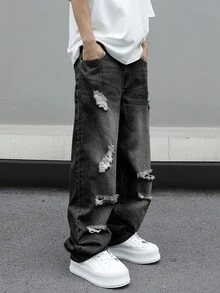 Manfinity EMRG 男士休闲做旧宽松斜口袋牛仔裤，秋季