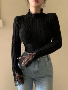 DAZY Women's Lace Trim Mock Neck Fitted Sweater, Stylish Layering Top For Autumn/Winter